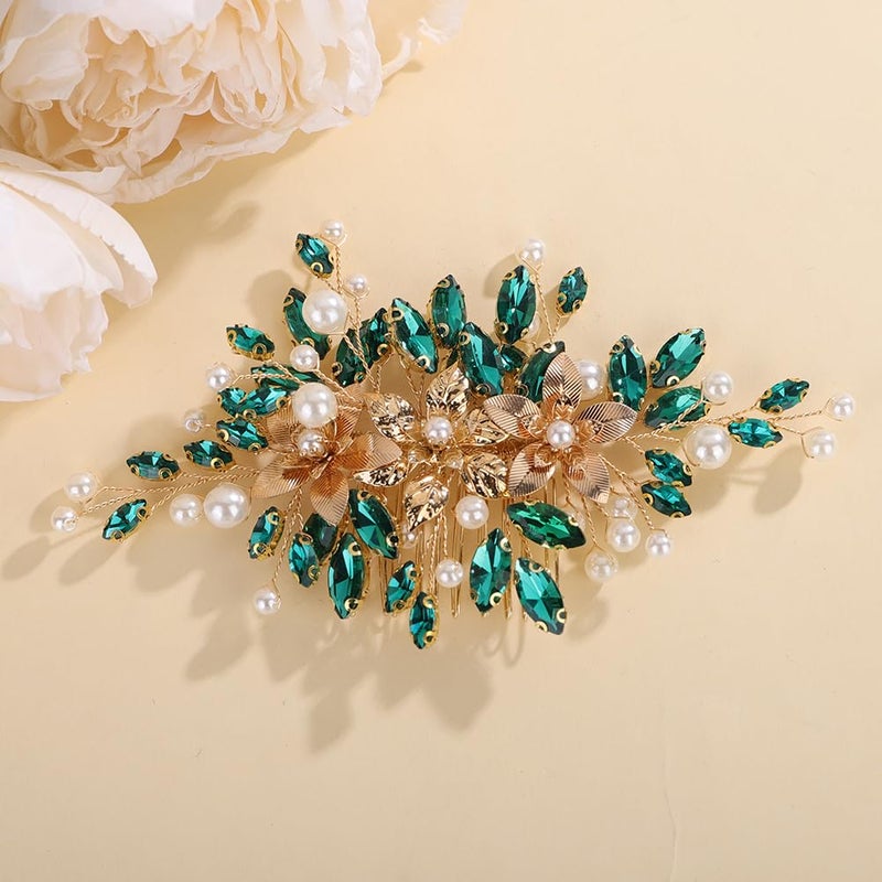Rumtock Green Rhinestones Beads Hair Piece for Wedding Brides Bridesmaid Pearl Handmade Hair Comb for Women (Green) - Image 3